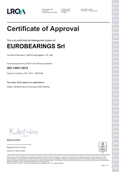 Certificat de Système de Management Environnemental ISO 14001:2015 Eurobearings